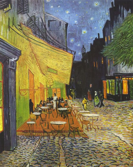 Pintura de Van Gogh: terraço de um café iluminado em amarelo, sob um céu azul-noite com estrelas